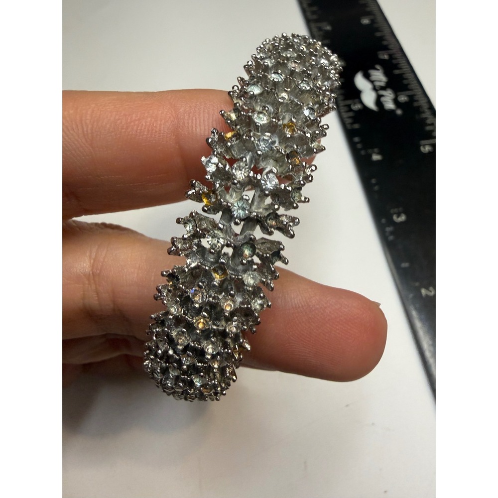 Textured Silver Tone Spiky Rhinestone Cuff Bracelet Brutalist Statement Jewelry